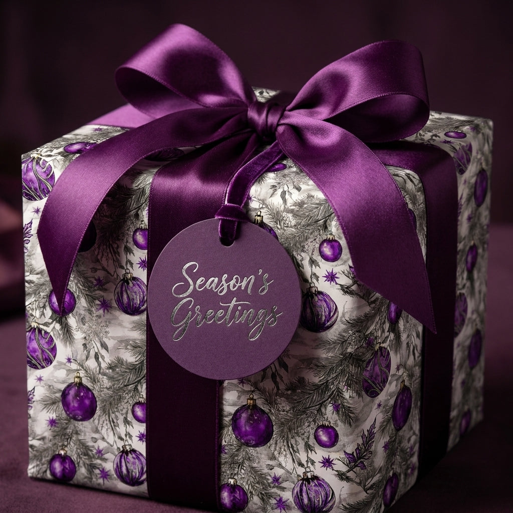 Luxury purple Christmas wrapping paper with satin bow and Season's Greetings tag by Wrapped Studios.