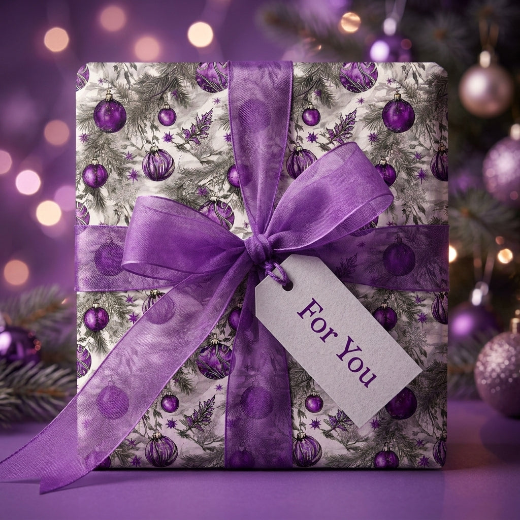 Elegant purple Christmas wrapping paper with ornament pattern and sheer ribbon by Wrapped Studios.