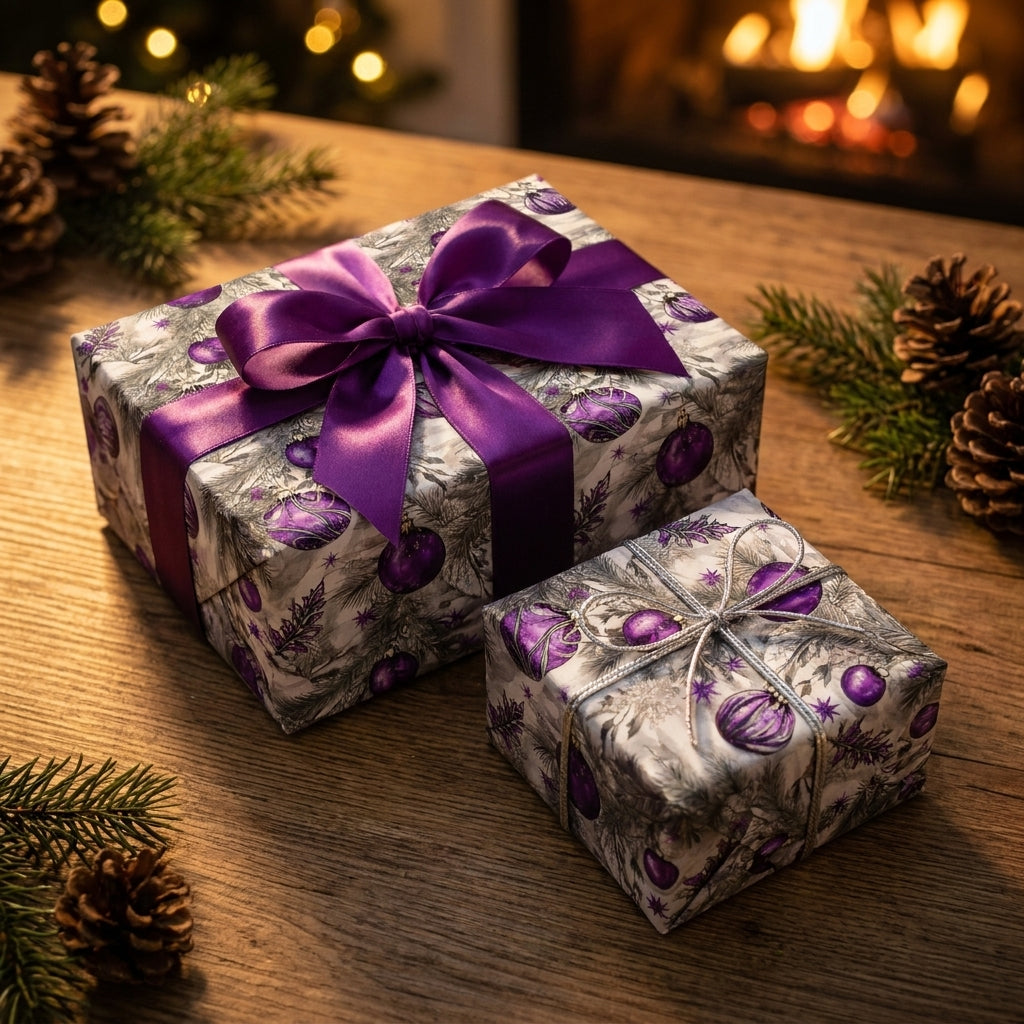 Purple luxury Christmas wrapping paper with ornament patterns and satin bows by Wrapped Studios.