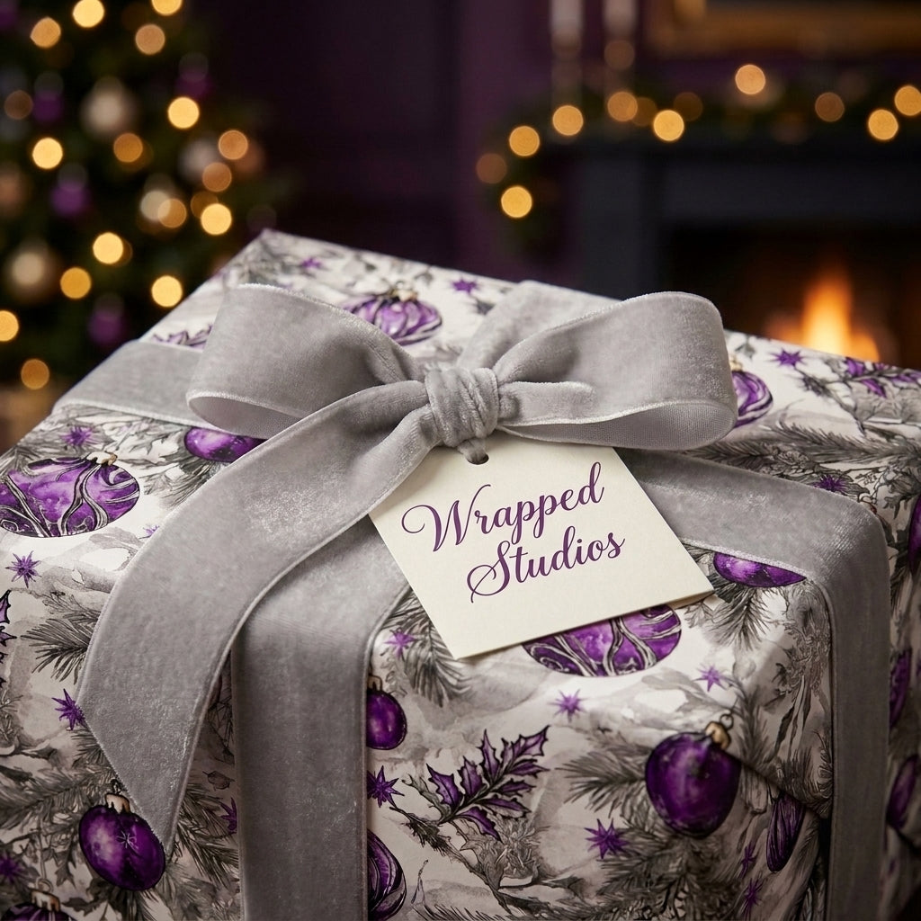 Luxury purple Christmas wrapping paper by Wrapped Studios with grey velvet bow on box by a cozy fireplace.