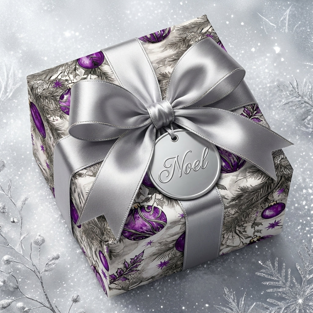 Luxury purple Christmas wrapping paper with a silver satin bow and Noel tag by Wrapped Studios.