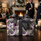 Luxury purple ornament Christmas wrapping paper with a gray bow by Wrapped Studios.