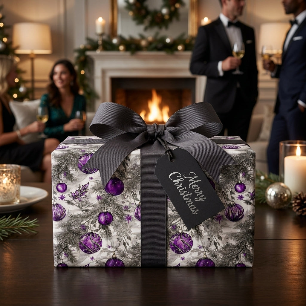 Luxury purple ornament Christmas wrapping paper with a gray bow by Wrapped Studios.