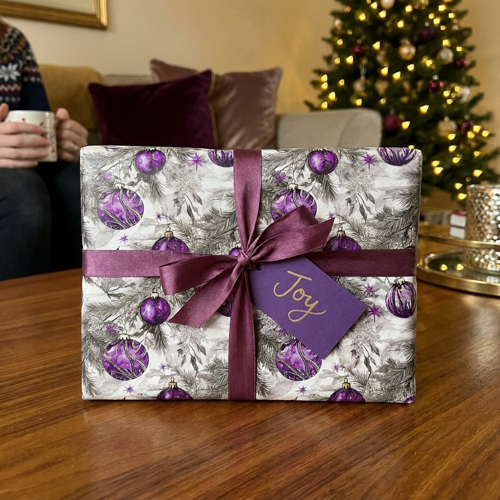Luxury purple Christmas gift wrap with ornament pattern and satin ribbon by Wrapped Studios.