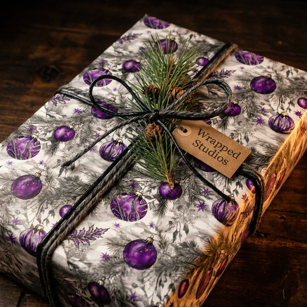 Elegant purple Christmas wrapping paper with ornament pattern, pine sprig, and twine bow by Wrapped Studios.