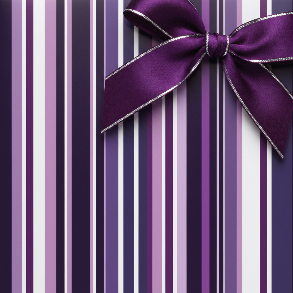 Elegant purple striped wrapping paper with a silver-edged satin bow, perfect for luxury gifts or special occasion presents.