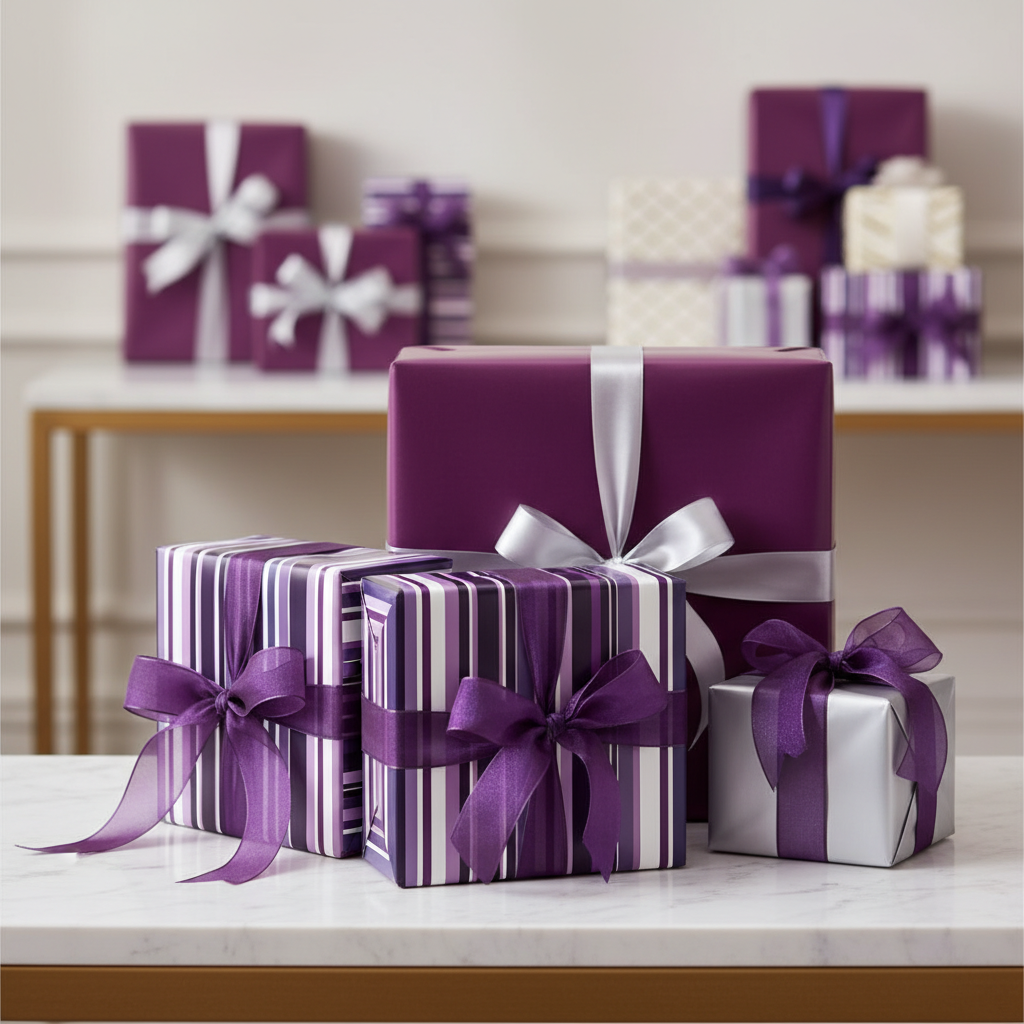 Elegant purple and silver striped luxury gift wrap with satin ribbons, perfect for birthdays or special occasions.