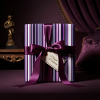 Luxury striped gift wrapping paper with purple, white, and violet colors, tied with a satin plum ribbon and "A Touch of Luxury" tag.