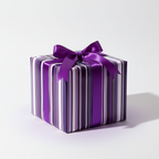 Luxury gift wrapped in modern purple, white, and black striped paper with a vibrant purple satin bow on a clean white background.