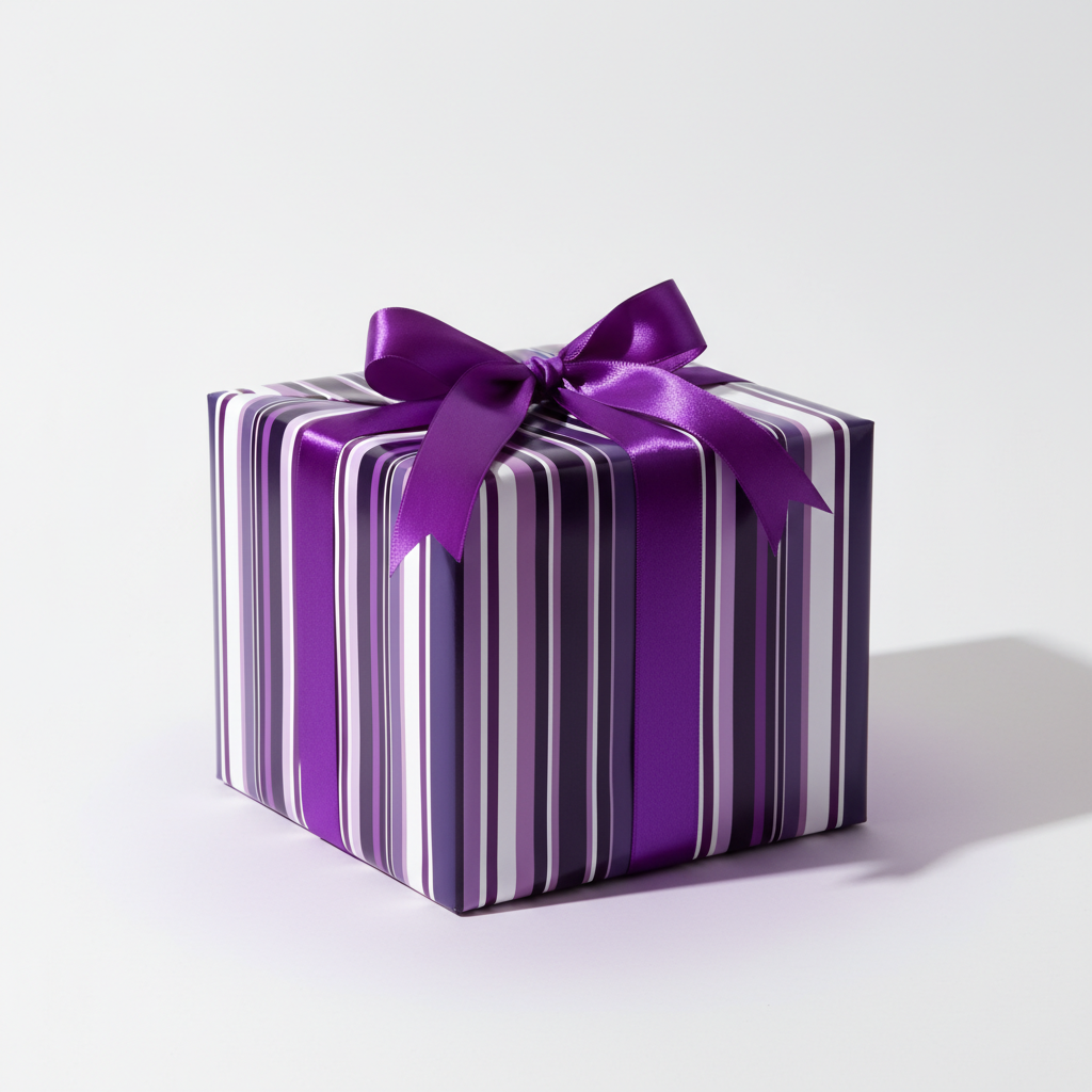 Luxury gift wrapped in modern purple, white, and black striped paper with a vibrant purple satin bow on a clean white background.