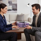 Woman giving a man a luxury gift in purple and white striped wrapping paper with a dark ribbon, perfect for a modern birthday.