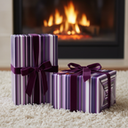 Luxury purple striped gift wrap with velvet ribbon bows, cozy fireplace background.