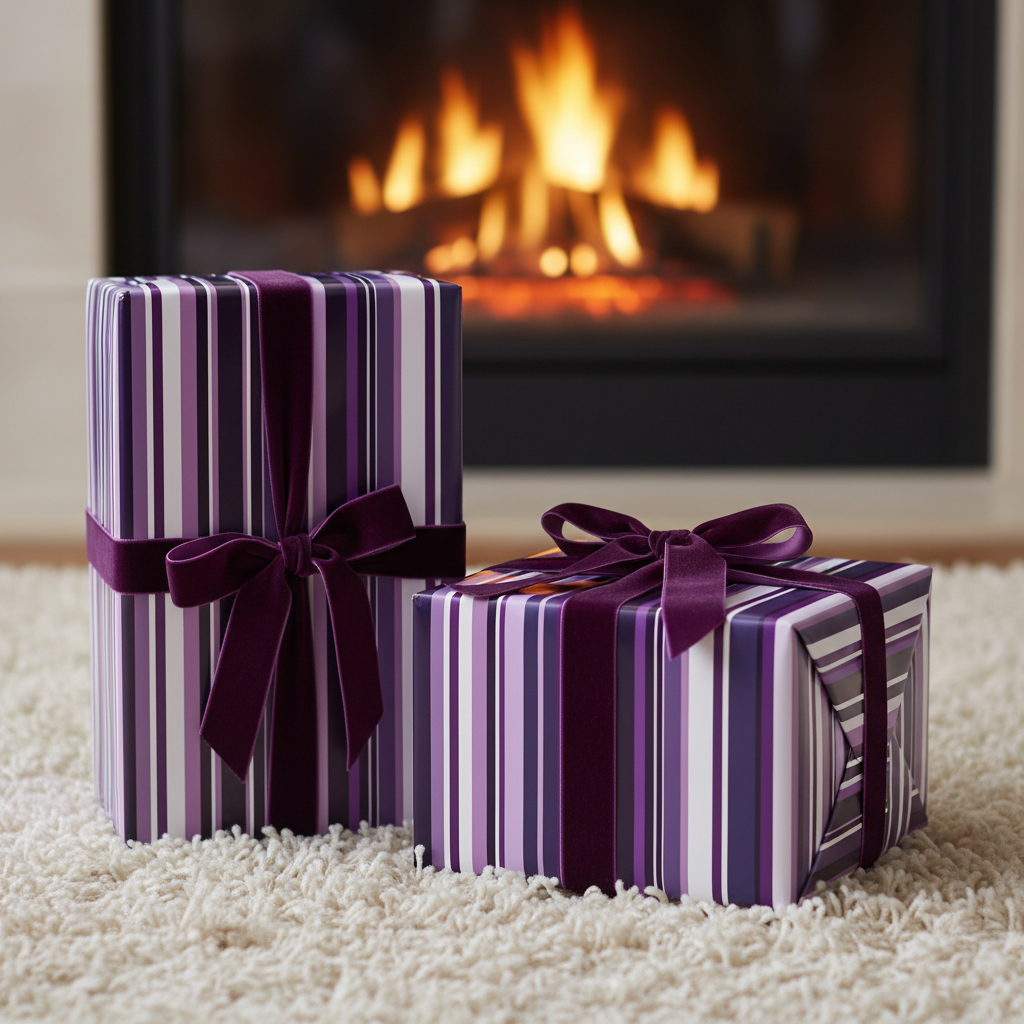 Luxury purple striped gift wrap with velvet ribbon bows, cozy fireplace background.