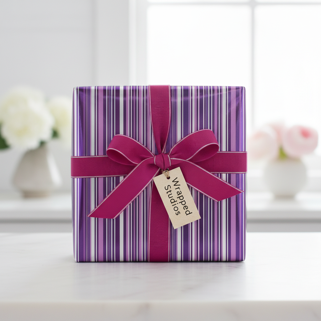 Elegant purple striped wrapping paper with a fuchsia ribbon and gift tag, perfect for a luxury birthday or anniversary gift.