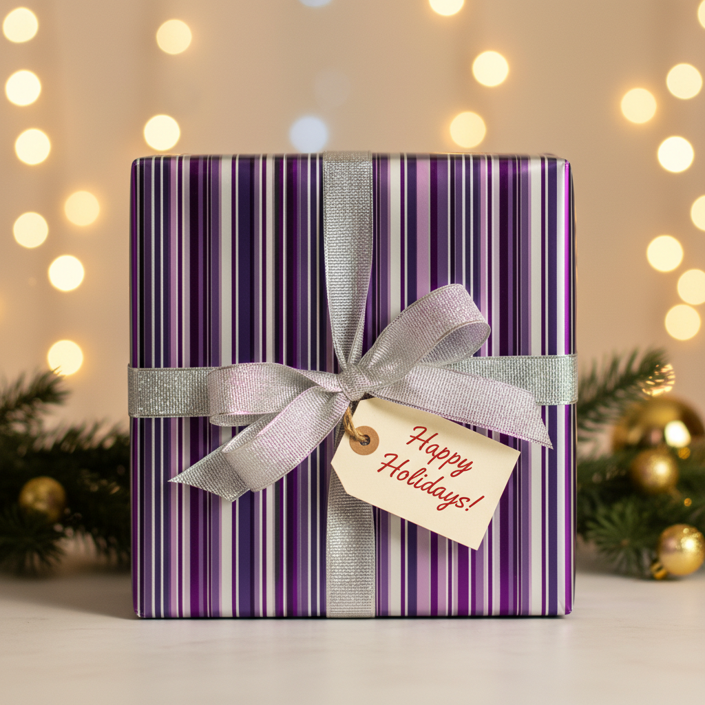 Luxury purple and silver striped holiday gift wrap with a silver ribbon and "Happy Holidays!" tag.