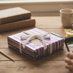 Purple striped gift box with white ribbon and tag on a rustic wooden table, perfect for birthday or luxury gift wrap.