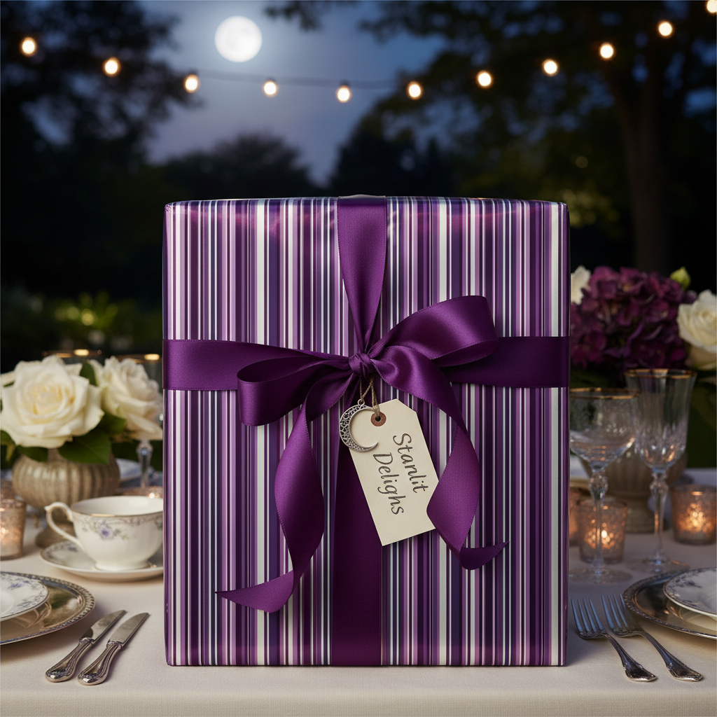 Luxury purple striped gift wrap with deep plum ribbon, perfect for an elegant Starlit Delights birthday or wedding present.