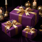 Elegant purple gift boxes wrapped in gold ribbon, perfect for Christmas or birthday presents.