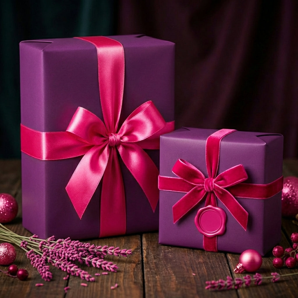 Elegant purple gift boxes wrapped with pink ribbon and bows, perfect for birthdays or special occasions.