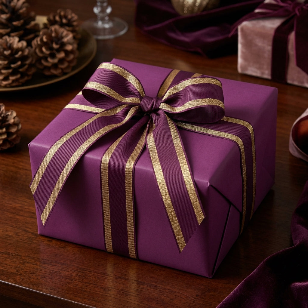 Elegant plum wrapping paper with gold-striped ribbon. Luxury gift wrapping for Christmas, birthday, or wedding presents.