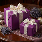 Elegant purple gift wrapping paper mockup with lace ribbon, suitable for Christmas, weddings, or birthdays.