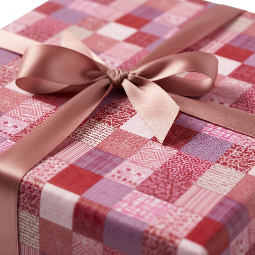 Red and pink patchwork pattern wrapping paper with a light brown satin ribbon and bow, perfect for a cozy Christmas or birthday gift.