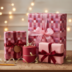 Red and pink checkered Christmas wrapping paper with festive ribbons and bows, perfect for holiday gifts.