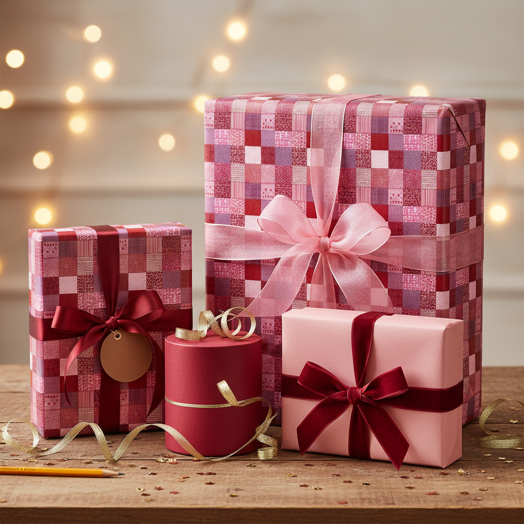 Red and pink checkered Christmas wrapping paper with festive ribbons and bows, perfect for holiday gifts.