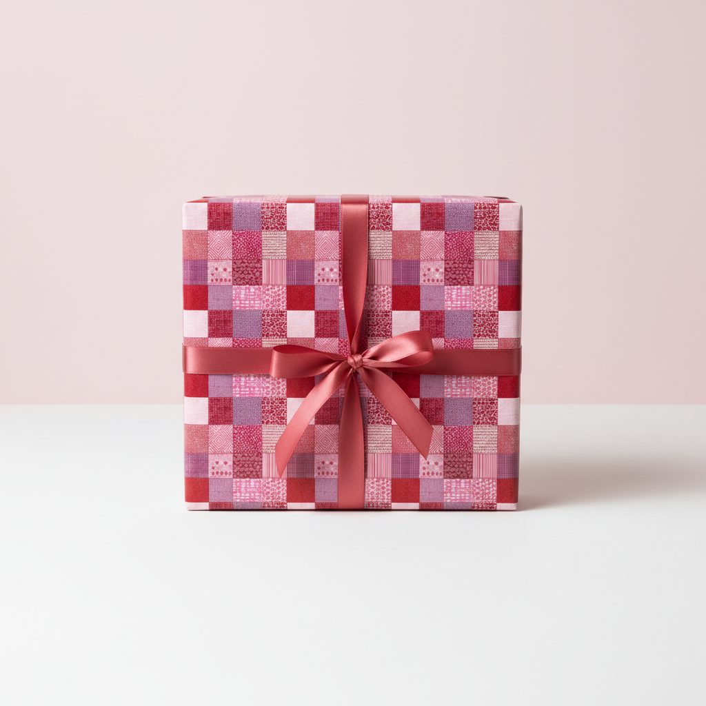 Red patchwork print wrapping paper with a matching satin ribbon, ideal for birthday or holiday gifts.