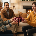 Cozy family Christmas gift exchange with a teen boy receiving a present wrapped in red plaid paper with a velvet ribbon.
