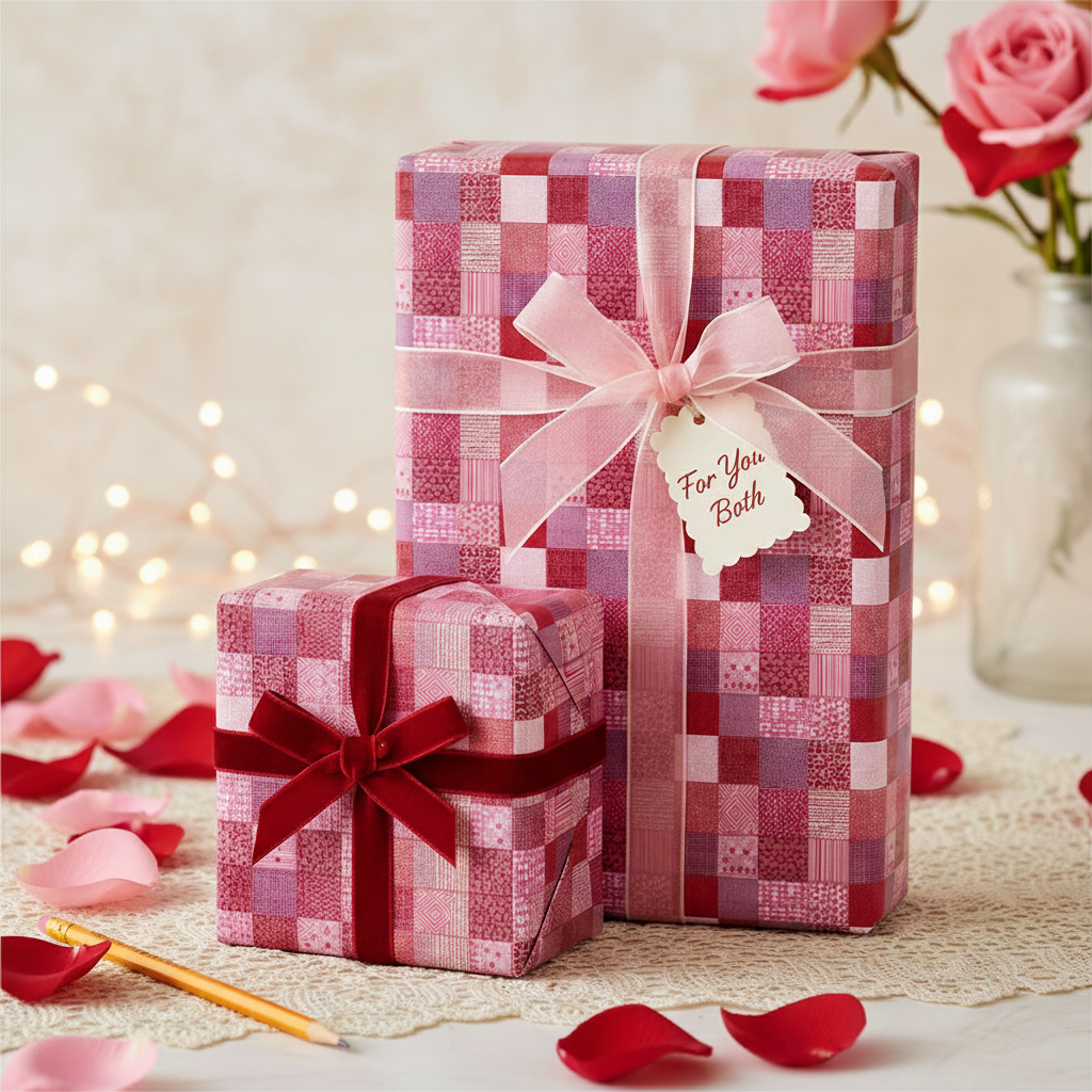 Romantic pink checkered wrapping paper with ribbons and gift tags, perfect for Valentine's Day or anniversary presents.