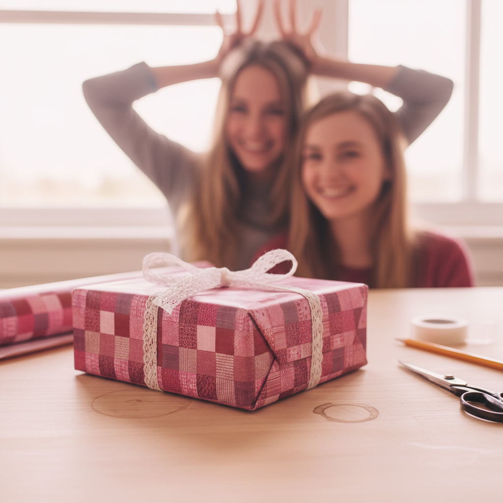 Festive pink plaid wrapping paper on a birthday gift with a white lace ribbon, with two smiling women in the background.