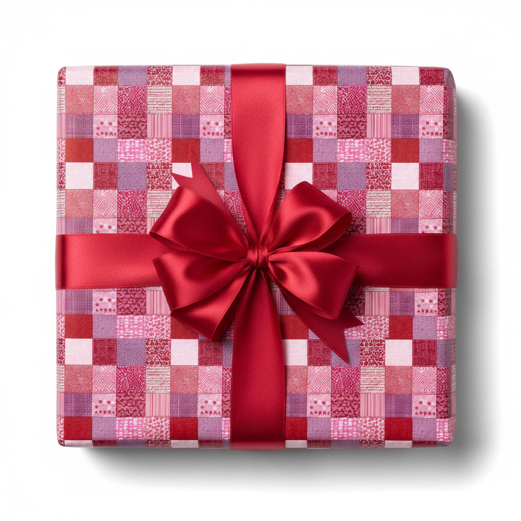 Festive patchwork gift wrap in various shades of pink and red, tied with a luxurious red satin ribbon and bow.