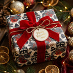 Cute raccoon Christmas wrapping paper with a red velvet bow and holiday gift tag by Wrapped Studios.