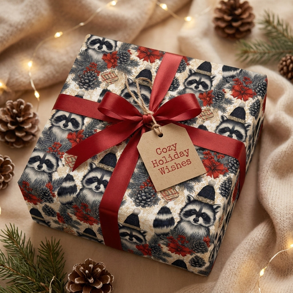 Cute raccoon holiday wrapping paper by Wrapped Studios on a gift box with a red satin bow and tag.