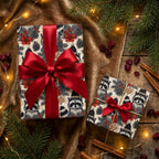 Raccoon Christmas gift wrap with red satin bows on a cozy, rustic holiday table by Wrapped Studios.