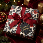 Raccoon Christmas wrapping paper with a red ribbon and holiday gift tag by Wrapped Studios.
