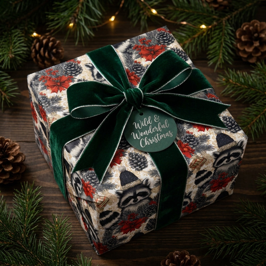 Raccoon Christmas wrapping paper with a green velvet ribbon on a holiday gift box by Wrapped Studios.
