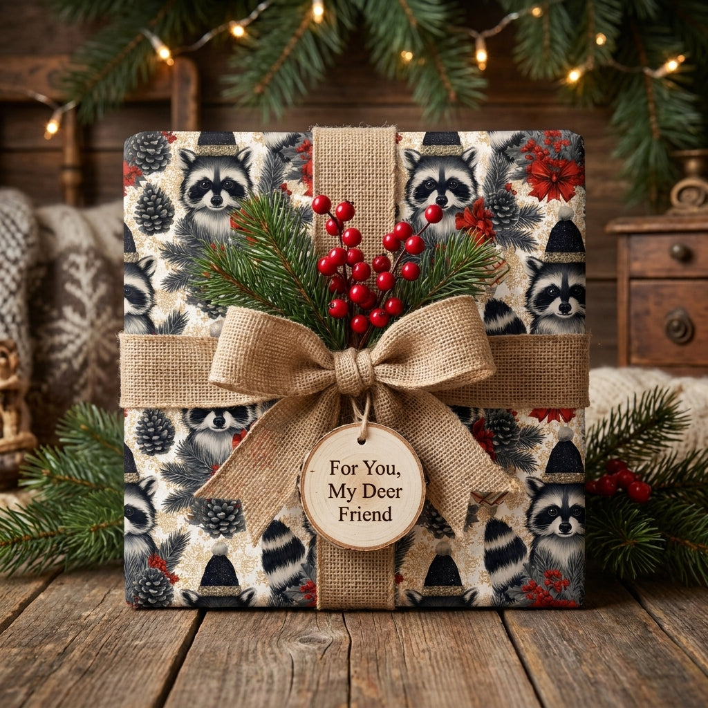 Raccoon Christmas wrapping paper with a rustic burlap bow on a holiday gift box by Wrapped Studios.