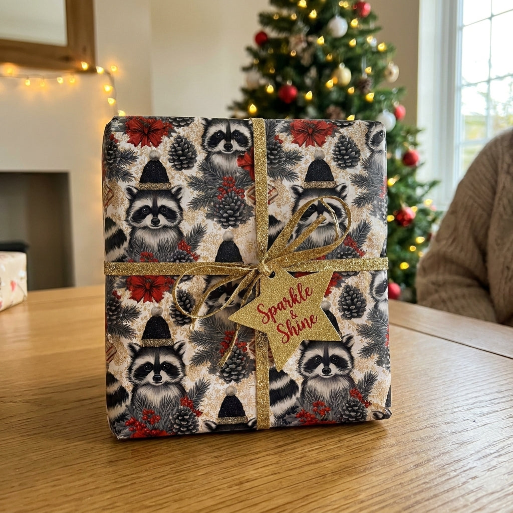 Raccoon Christmas gift wrap with gold glitter ribbon by Wrapped Studios, set against a festive holiday tree.
