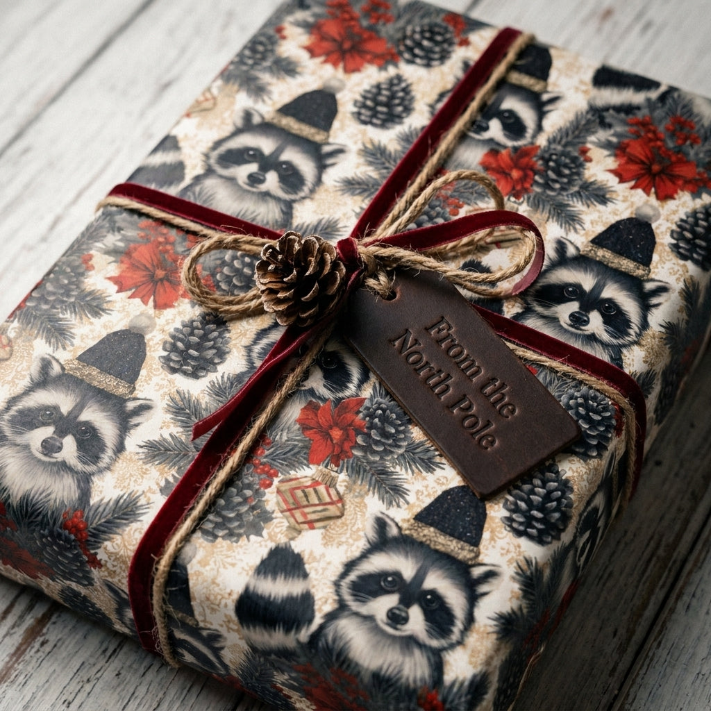 Woodland raccoon Christmas wrapping paper with a red velvet ribbon by Wrapped Studios.