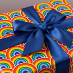 Wrapped gift with bright rainbow pattern wrapping paper and a bold blue satin ribbon.