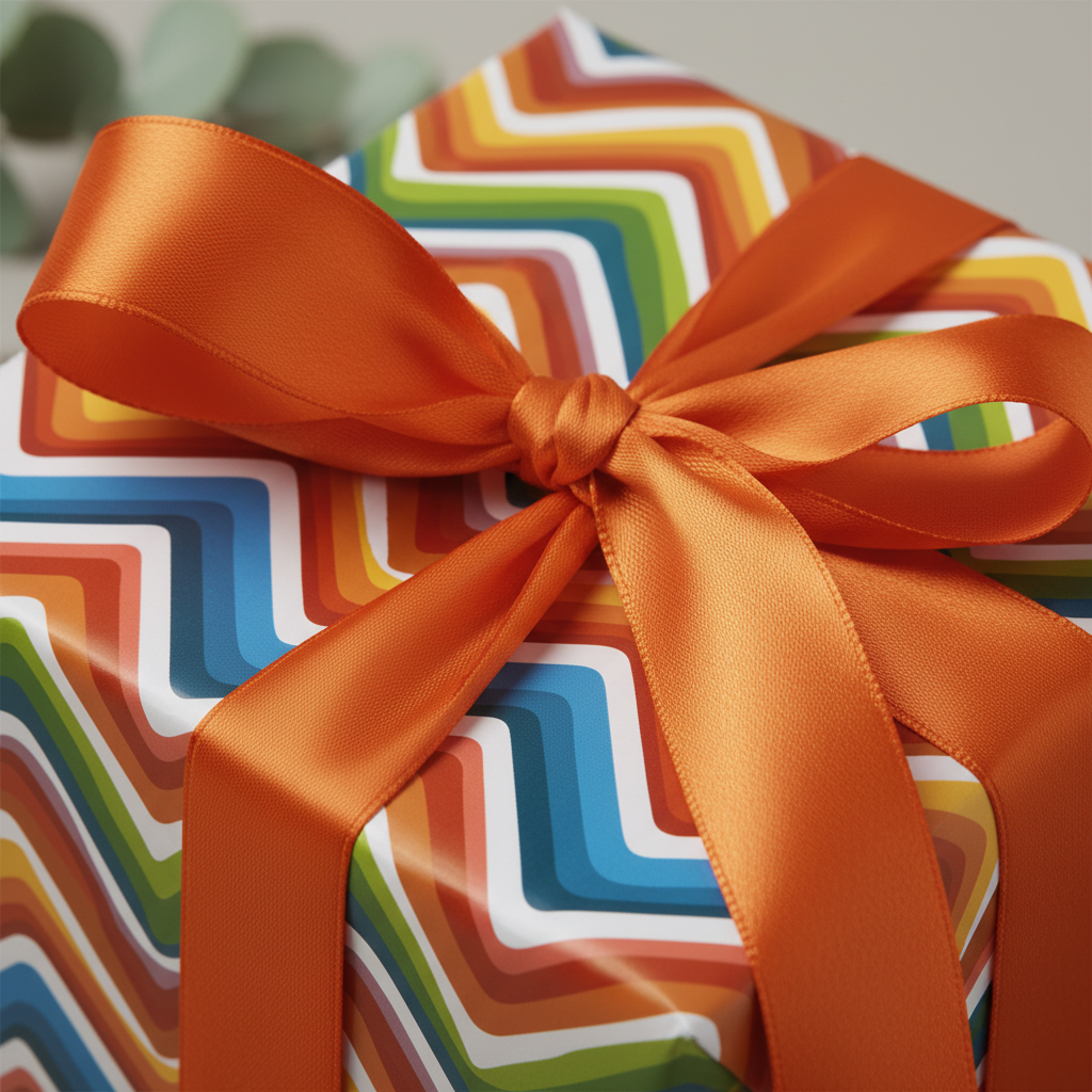 Vibrant zig-zag pattern gift wrapped with an orange satin ribbon, perfect for birthday wrapping paper or any special occasion.