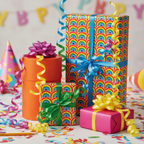 Bright birthday presents wrapped in rainbow wrapping paper with colorful ribbons and confetti.