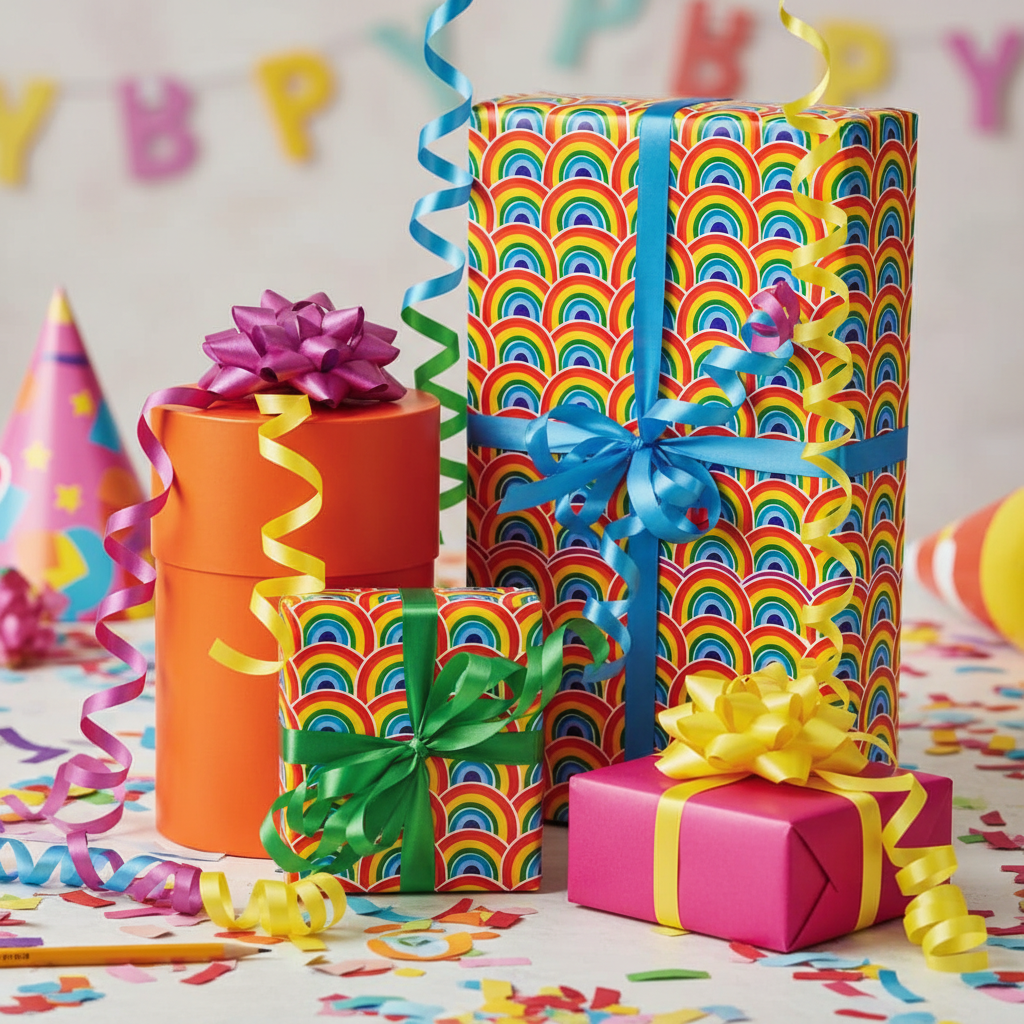 Bright birthday presents wrapped in rainbow wrapping paper with colorful ribbons and confetti.