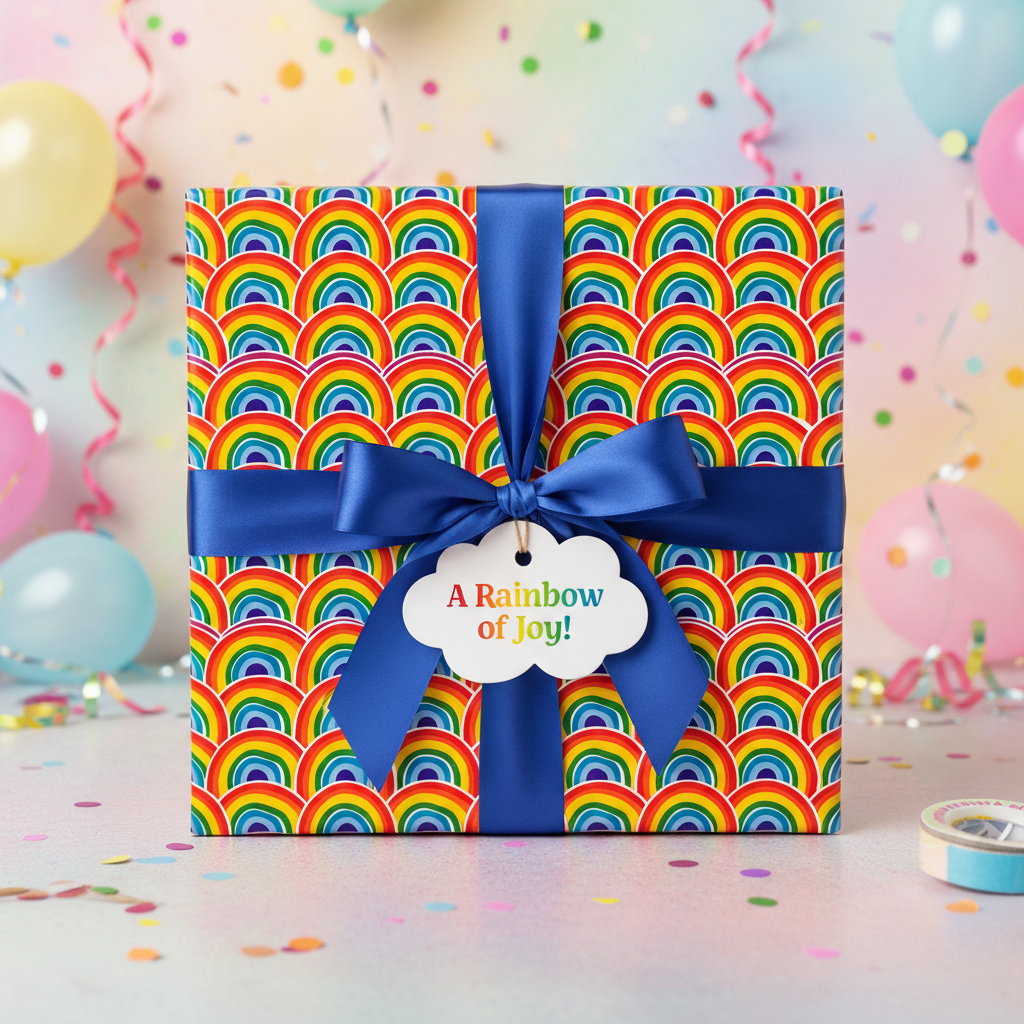 Bright rainbow pattern wrapping paper with blue ribbon for birthday gifts or special occasions.