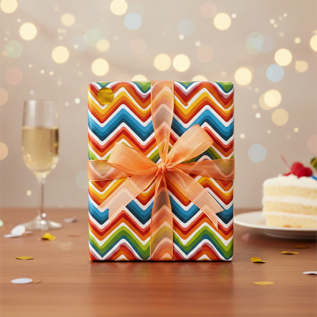 Celebratory gift wrapped in colorful chevron wrapping paper with an orange bow, cake, and champagne.