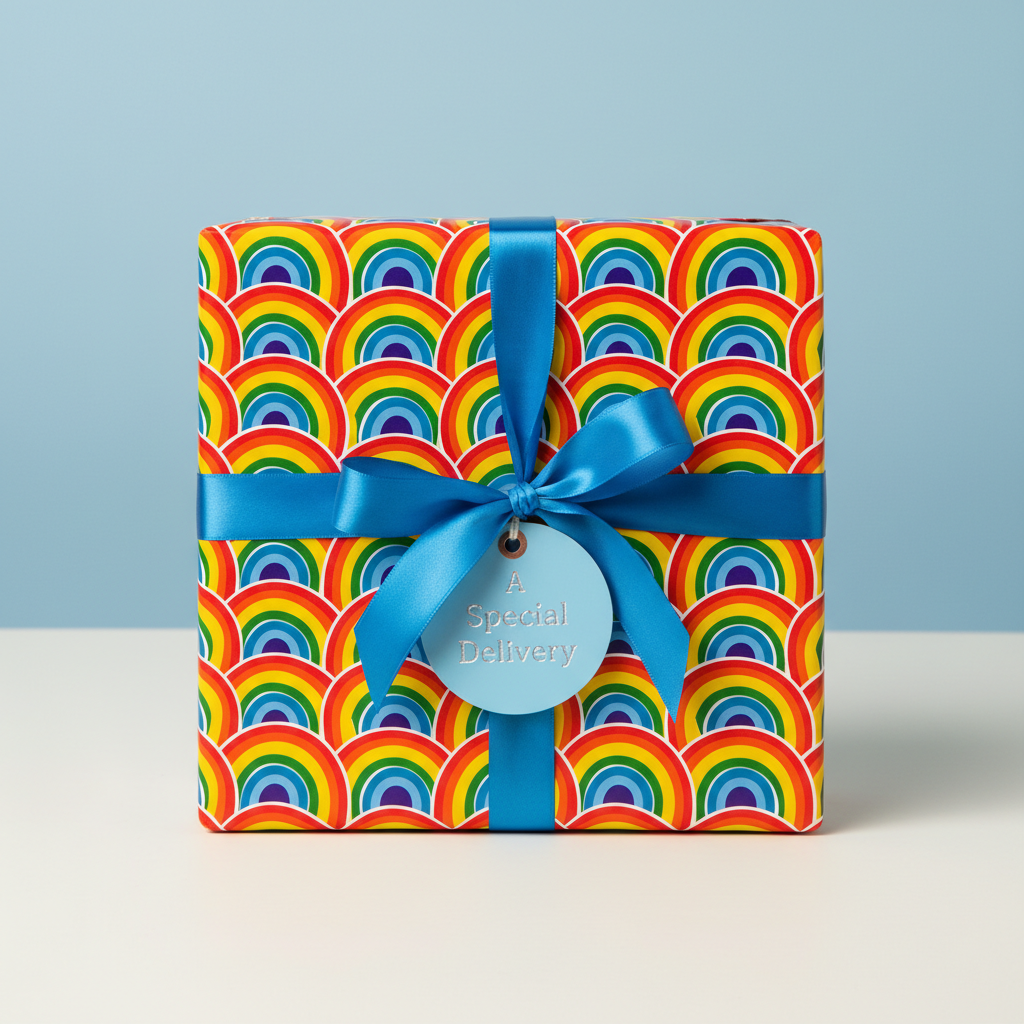 Square gift wrapped in bright rainbow patterned wrapping paper, tied with a blue satin ribbon and tag.