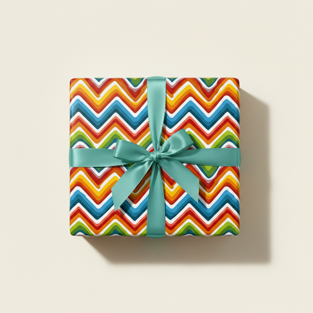 Square gift wrapped in rainbow chevron paper with a teal ribbon.