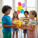 Kids exchanging a rainbow-patterned birthday present wrapped with a bright yellow ribbon at a party.